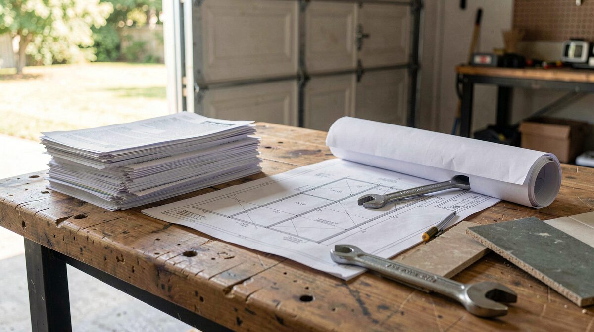 A garage workbench holding permit papers, a rolled site plan opened by a wrench, a tile sample and a shingle offcut in morning light