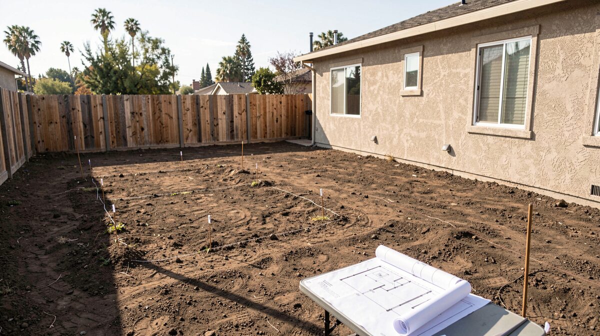 A backyard in Santa Clarita at mid-morning, a staked outline of a future ADU on bare graded soil beside a stucco house, a rolled plan set on a folding table, hard shadows from the June sun.