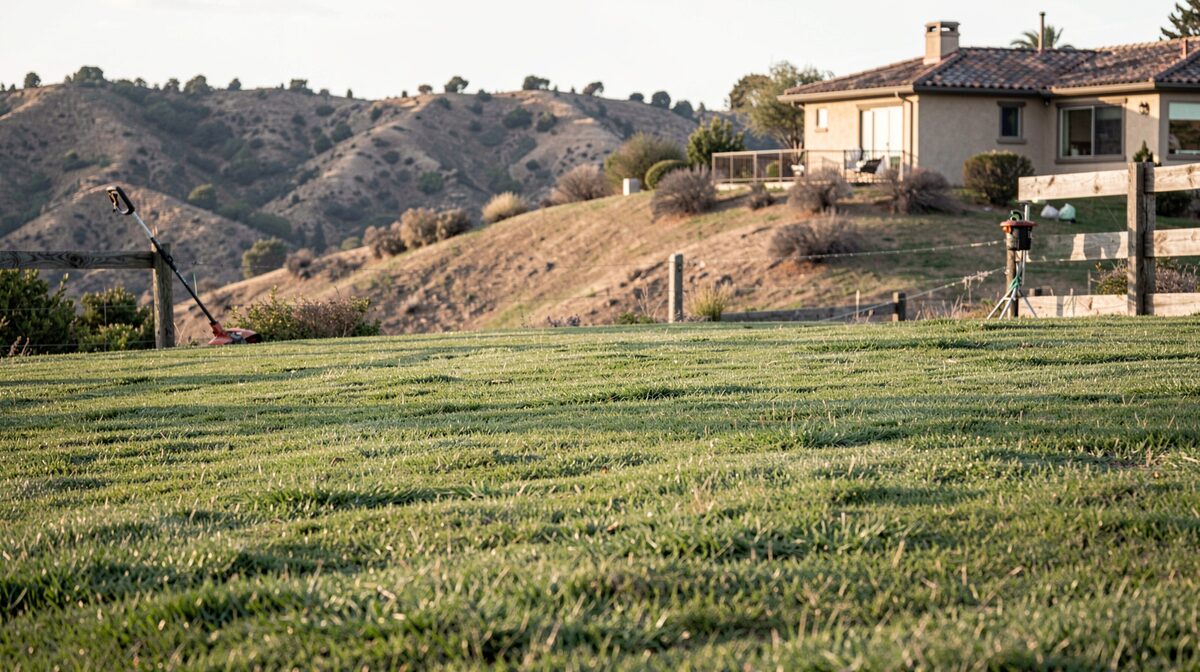 A graded hillside lot above Newhall at mid-morning, cut grass at four inches in the foreground, a stucco house with a tile roof at the top of the frame, a string trimmer leaning against a wooden fence post, dry brush on the ridgeline behind.