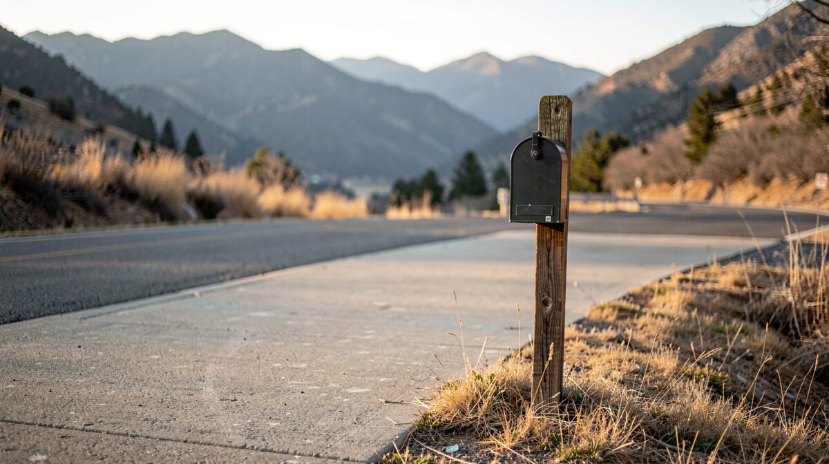 A mailbox on a wooden post at the end of a concrete driveway on a valley street, dry grass at the edge and ridgelines behind