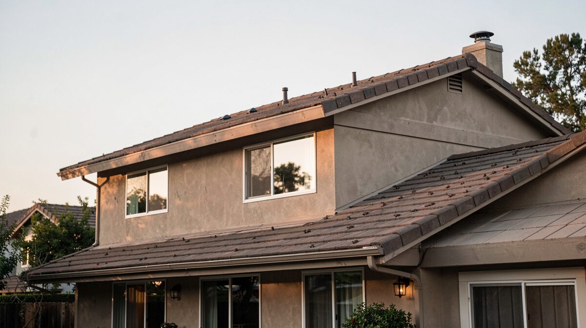A west-facing concrete tile roof of a two-story Santa Clarita house at 7 p.m. in July, with a shaded upstairs window and a ridge vent visible against a pale sky, shot from the backyard at a slight angle.