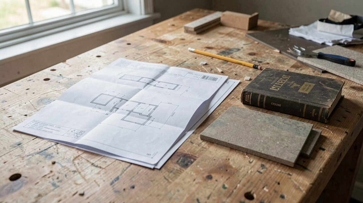 Folded construction drawings on a workbench beside a thick code book, a pencil, a tile sample and a shingle offcut