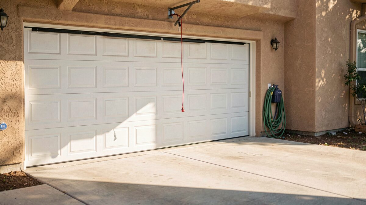 A west-facing garage door in Canyon Country at 4 p.m. in July, the concrete driveway bright with heat, a red release cord hanging from the trolley, the door half open and a garden hose coiled against the stucco wall.