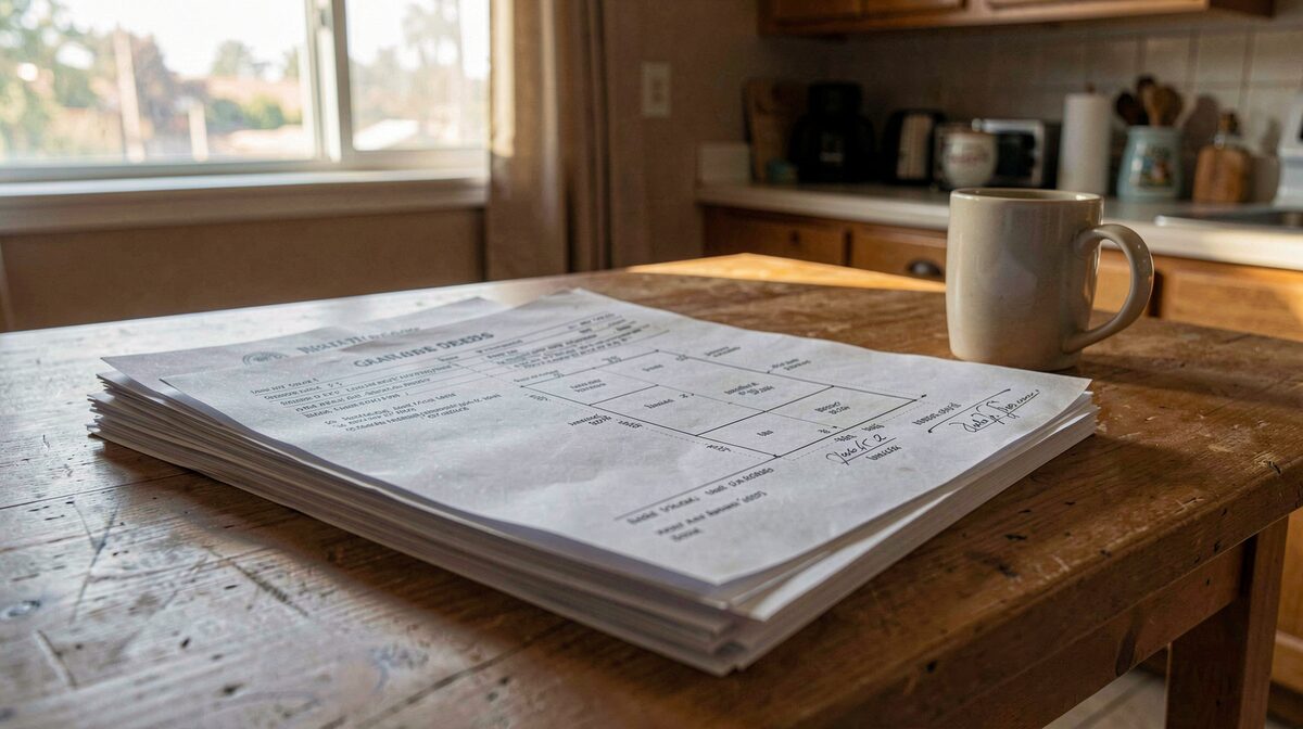 A stack of recorded grant deeds and a folded subdivision plat map on a kitchen table in a 1970s Santa Clarita house, late afternoon light through a west-facing window, close framing on the document edges and a coffee mug.