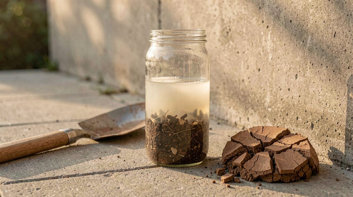 A straight-sided glass jar half filled with cloudy water and settled soil layers, sitting on a concrete patio wall in late afternoon light, with a shovel and a clump of cracked clay beside it.